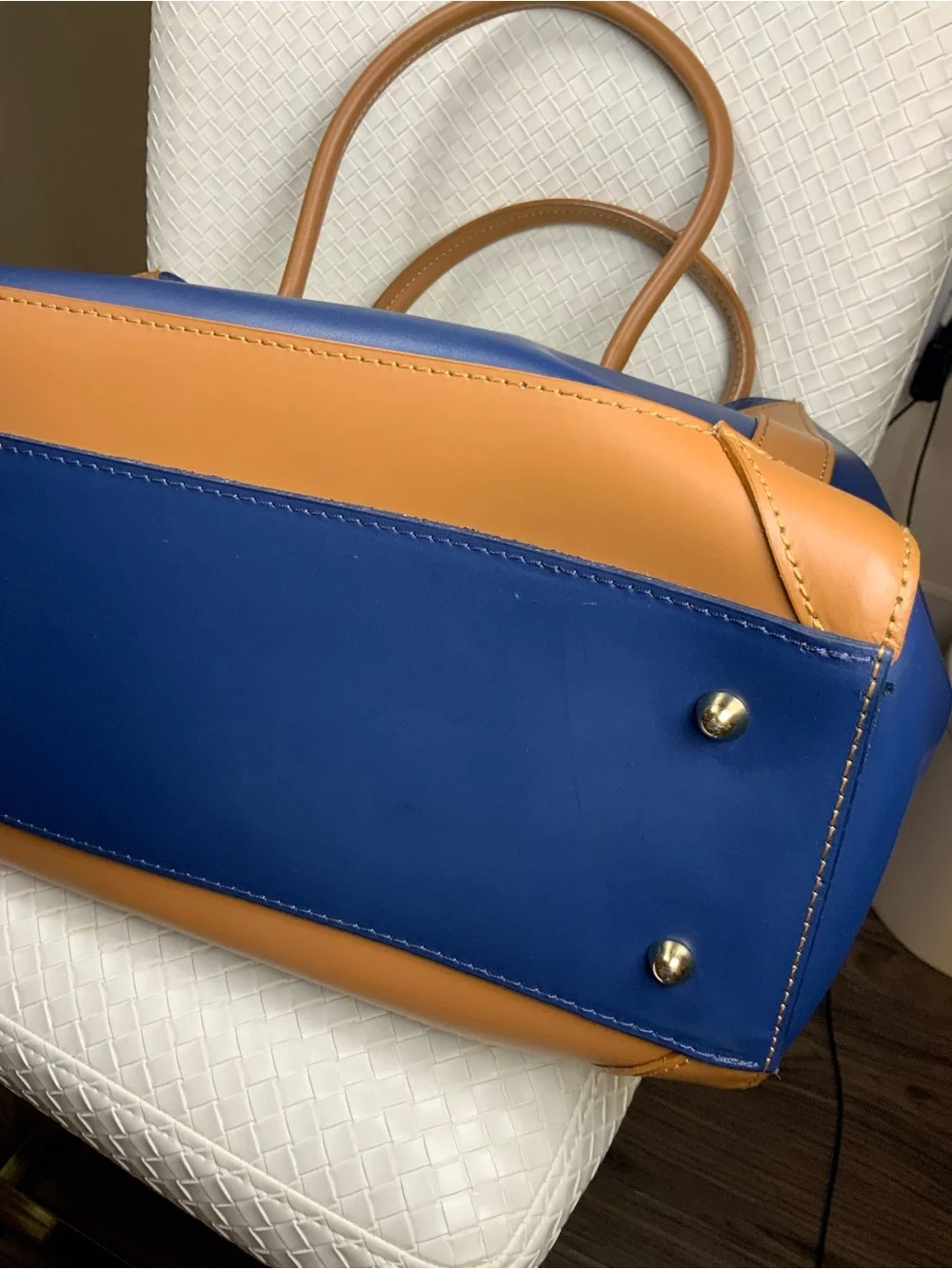Chiara Ferretti Navy and Tan Leather Tote with Gold Hardware